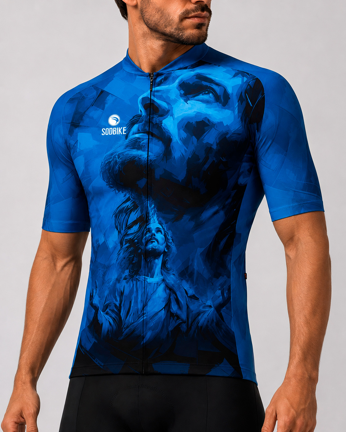 CAMISA CICLISMO MASCULINA SÓDBIKE, PROTEÇÃO SOLAR 20, ZIPER FULL, JESUS AZUL