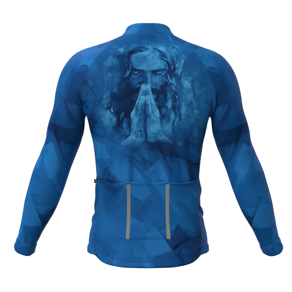 CAMISA CICLISMO MASCULINA SÓDBIKE, ZIPER FULL, JESUS AZUL LONGA