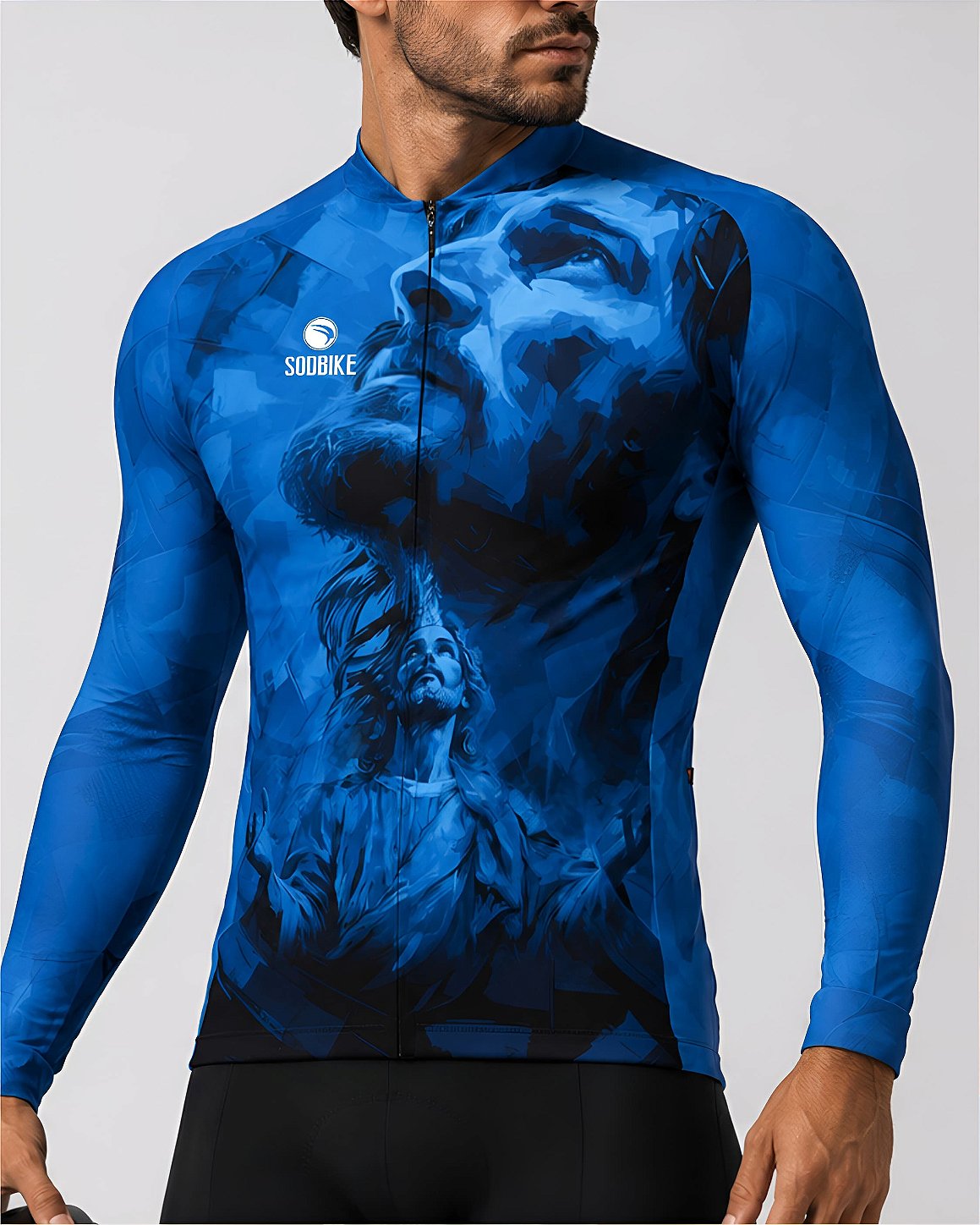 CAMISA CICLISMO MASCULINA SÓDBIKE, ZIPER FULL, JESUS AZUL LONGA