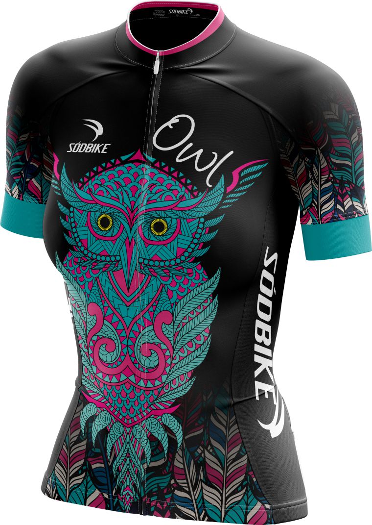 CAMISA CICLISMO FEMININA SÓDBIKE DRY, PROTEÇÃO SOLAR 20, ZIPER FULL, CORUJA PRETA