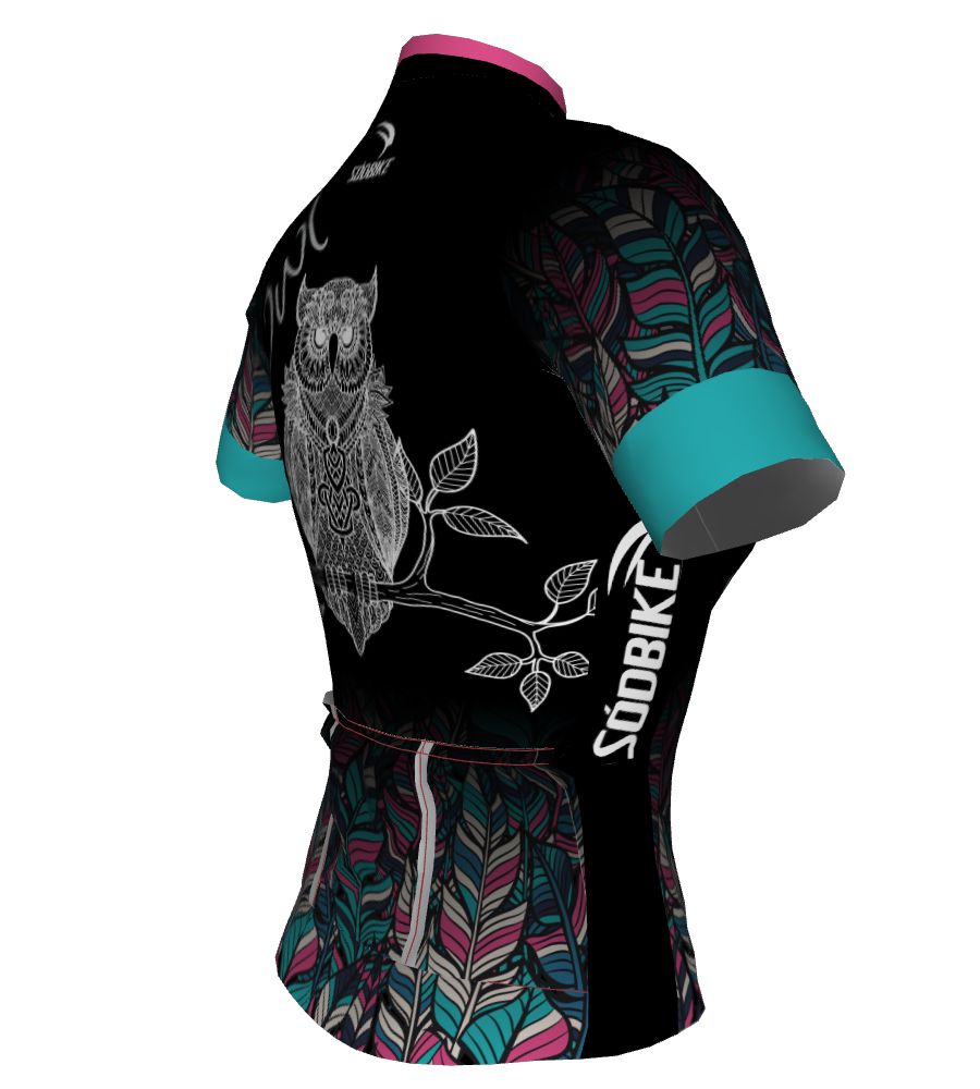 CAMISA CICLISMO FEMININA SÓDBIKE DRY, PROTEÇÃO SOLAR 20, ZIPER FULL, CORUJA PRETA