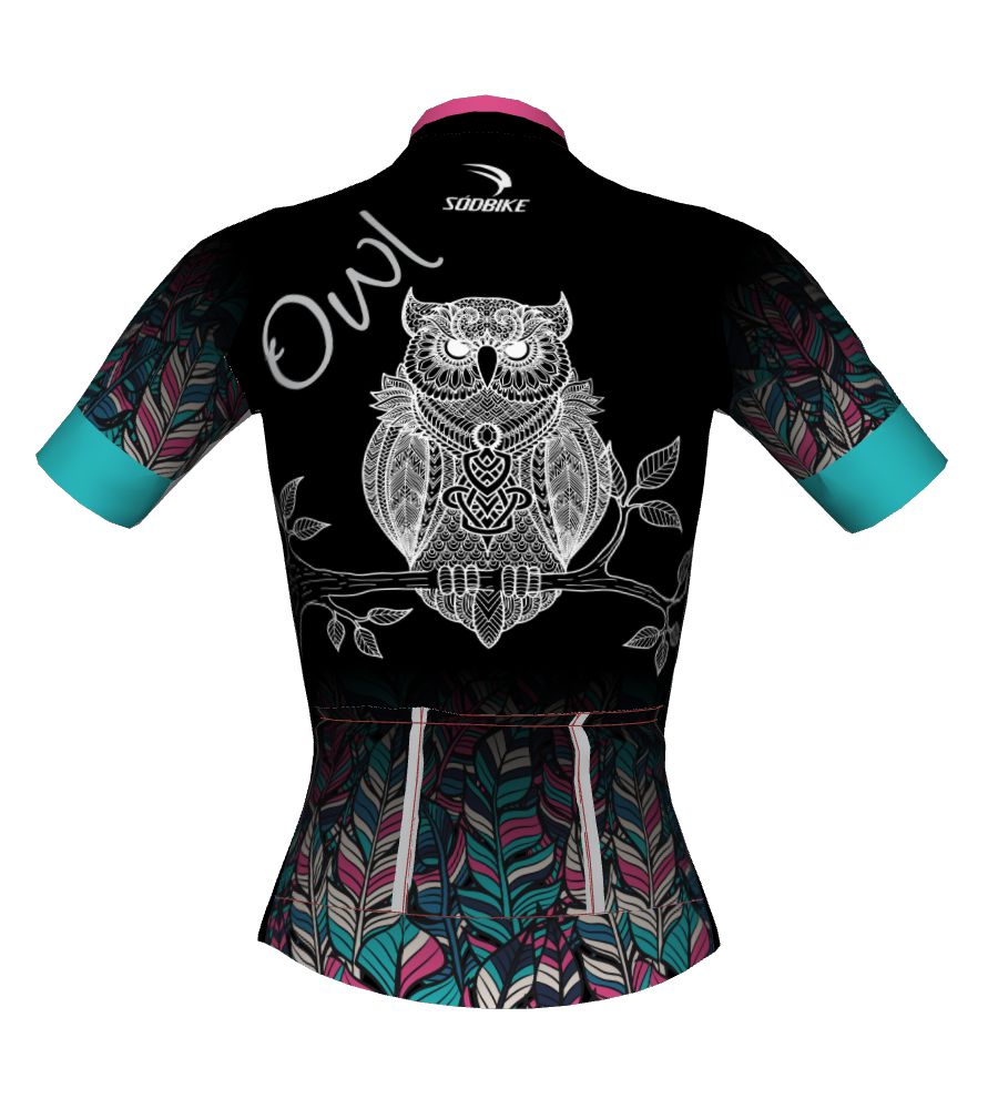CAMISA CICLISMO FEMININA SÓDBIKE DRY, PROTEÇÃO SOLAR 20, ZIPER FULL, CORUJA PRETA