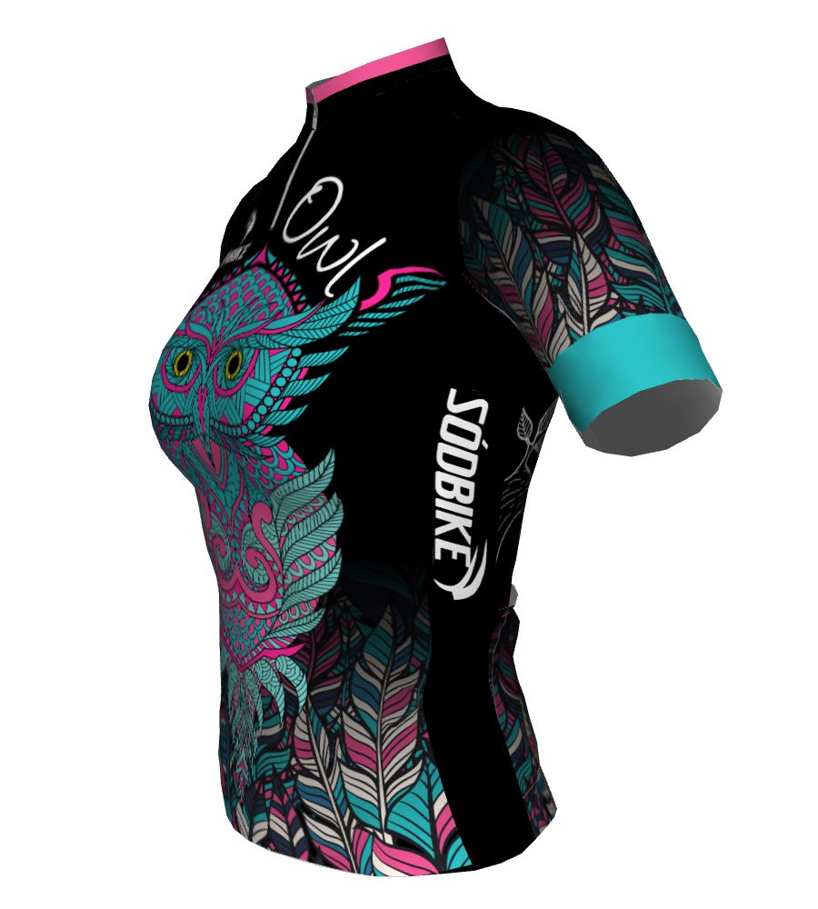 CAMISA CICLISMO FEMININA SÓDBIKE DRY, PROTEÇÃO SOLAR 20, ZIPER CURTO, CORUJA PRETA