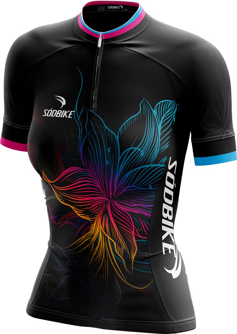 CAMISA CICLISMO FEMININA SÓDBIKE DRY, PROTEÇÃO SOLAR 20, ZIPER CURTO, FLOWER