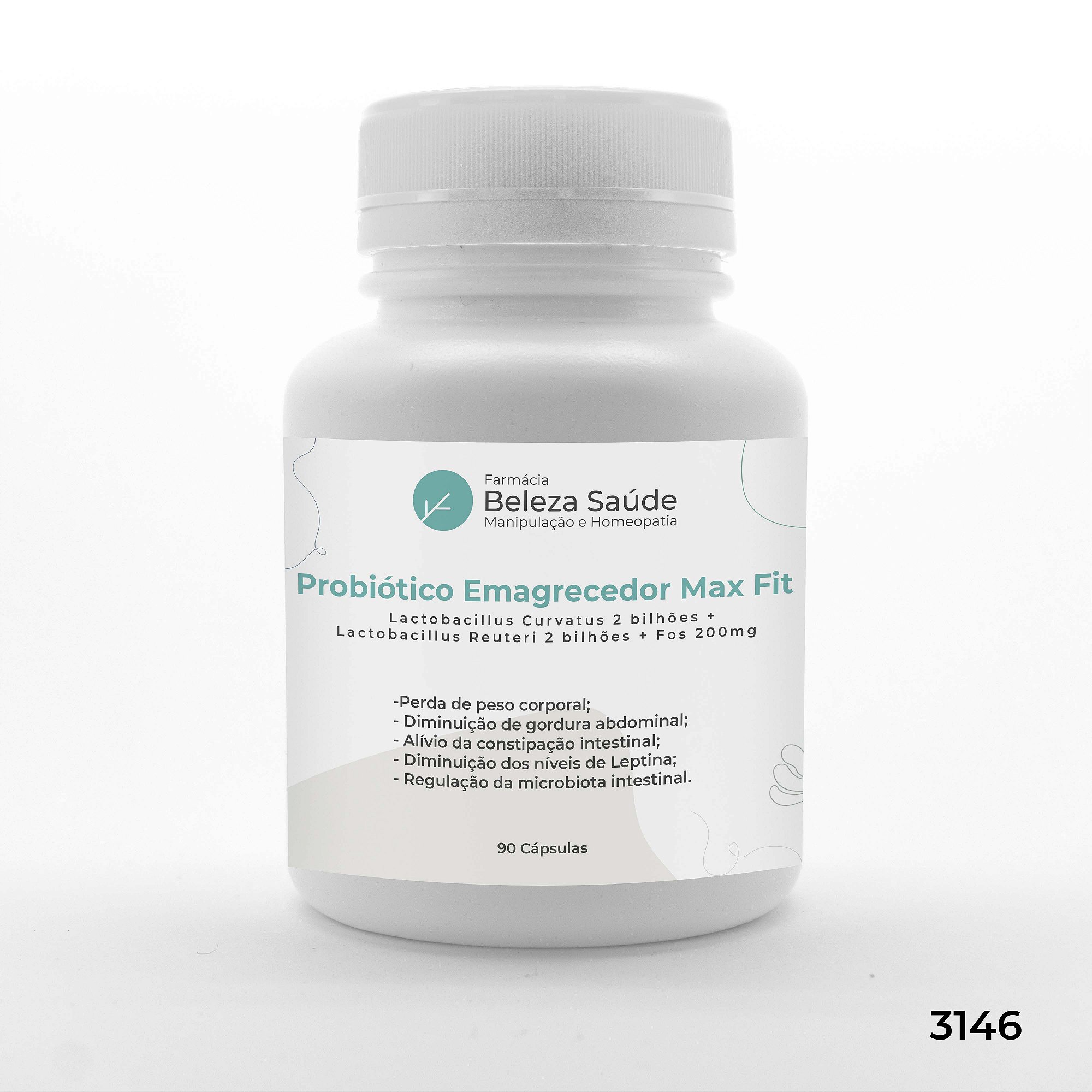 Probiótico Emagrecedor Max Fit : Lactobacillus Curvatus 2 bilhões + Lactobacillus Reuteri 2 bilhões + Fos 200mg - 90 Cápsulas