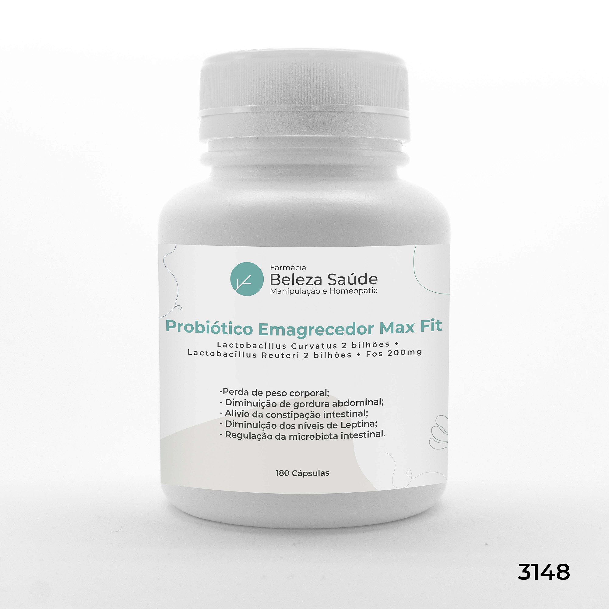 Probiótico Emagrecedor Max Fit : Lactobacillus Curvatus 2 bilhões + Lactobacillus Reuteri 2 bilhões + Fos 200mg - 180 Cápsulas
