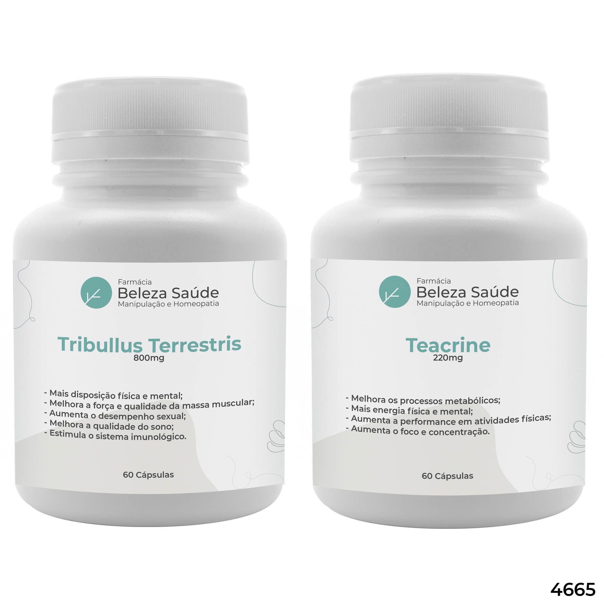 Teacrine 220mg 60 Cápsulas + Tribullus Terrestris 800mg 60 Cápsulas : 2 Suplementos - Potência, Força, Estimulante