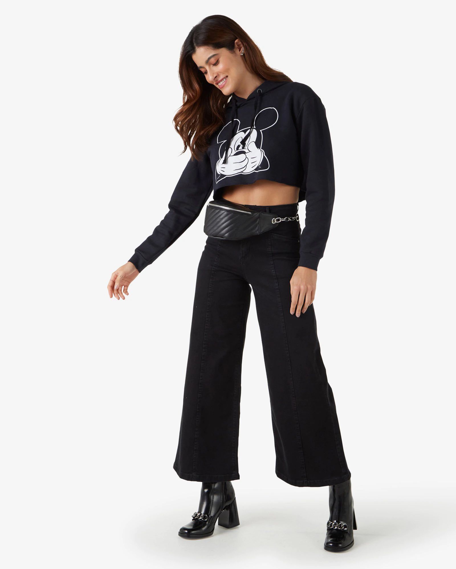 Blusa de Moletom Feminino Cropped com Capuz Mickey Mouse Preto MARCA