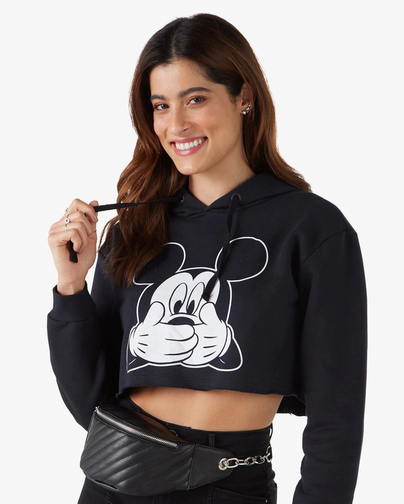 Blusa de Moletom Feminino Cropped com Capuz Mickey Mouse Preto MARCA