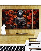 Trio de Quadros Estilizados Buda Cinza Pedra Flor de Lótus Laranja Vermelho Canvas Moldura