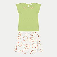 CONJUNTO DE VERÃO ALAKAZOO SHORT SAIA COM BLUSA MANGA CURTA MALHA FEMININO INFANTIL