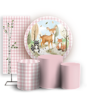 KIT Redondo Trio e Faixa - Animais Bosque Rosa - Sublimado 3D