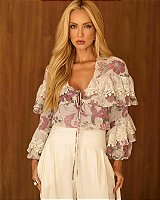 Camisa Floral Chiffon e Renda