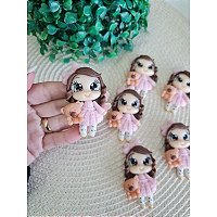 Aplique de Biscuit Boneca Inverno Vestido Rosa com Urso - Unidade