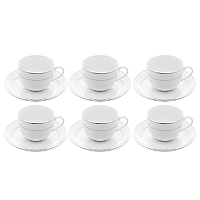 Jogo 6 Xicaras De Chá Café Com Pires 220ml Branco Borda Prata Porcelana Mônaco Wolff