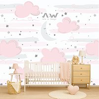 Papel de Parede Adesivo - Ceu de Estrelas e Nuvens Rosas