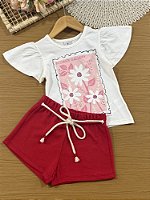 Conjunto Infantil Menina Brandili com Shorts Vermelho e Blusa Branca Galeria de Flores
