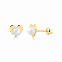 Brinco Pérola Coração - ouro 18k