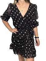Vestido Curto Transpassado Mado Preto com Poás Rosa – Elegância e Feminilidade