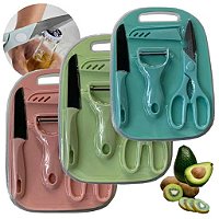 Kit de Utensílios de Cozinha 5 Peças - Faca, Tesoura, Descascador e Tábua