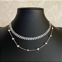 Colar Choker Duplo Seta/Coração Prata