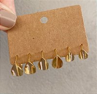 Kit 3 Brincos Argola Gota Dourado/Prata