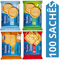 Kit 100 Sachês Biscoito Renata Sabores Leite, Coco, Maizena, Cream Cracker