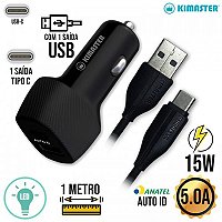 KIT CARREGADOR VEICULAR 15W USB/USB-C + CABO CV207UC KIMASTER
