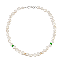 Colar de pérolas barrocas, prata 950 com banho de ródio e ouro 18kt , diamantes de laboratório e esmalte verde  maçã