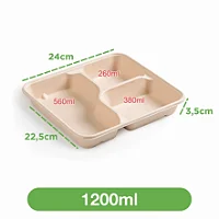 Bandeja biodegradável 1200ml com 3 divisórias | 300 unidades