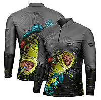 Camiseta De Pesca Proteção Uv 50+ Cinza com Tucunaré verde e azul - Mar Negro