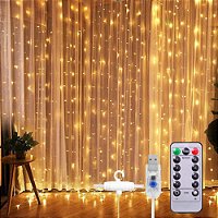 Cortina De Natal 300 LEDS Branco Quente 8 funções com controle remoto 3mx2m 220V.
