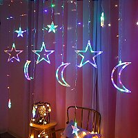 Cascata com 150 LEDs Colorido fio de Fada estrela e lua na ponta 8 funções 2,5 metros bivolt.