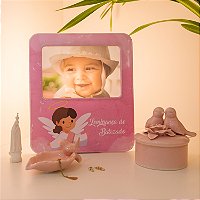 Luminária Porta Retrato Lembrança de Batizado 22,5x19,5x8cm Polietileno Rosa.