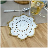 Porta Copos de Crochê Artesanal Branco com Borda Dourada