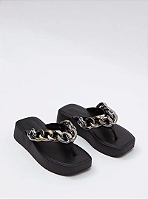 Chinelo Petite Jolie Flatform Bico Quadrado Correia Com Corrente Preto