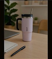 CANECA TERMICA PAREDE DUPLA SLIMTERM COM BASE ERGONOMICA E CANUDO ROSA 890ML