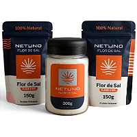 Kit com 2 Refil de Flor de Sal Netuno Gourmet Sachê 150g Cada Mais 1 Pote 300g