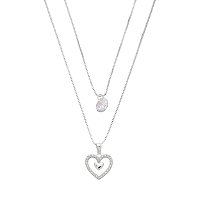 Colar Prata Duplo com um Pingente de Zircônia Redonda e outro em Formato de Coração Cravejado