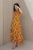 Vestido Versalhes Midi com Alças e Decote Franzido