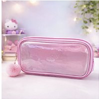 Estojo Transparente Rosa com PomPom – Estojo Fofo
