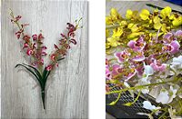 Haste Artificial de Orquídea Phalaenopsis Pink com Detalhes Amarelos e Folhas Verdes