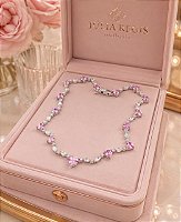 Colar Luxo Encanto Cristal e Rosa Banhado no Ródio Branco