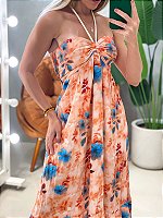 Vestido Midi em Viscose Frente Única Estampa 3D Marcela