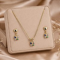 Colar e brinco infantil borboleta colorida com micro zircônias folheado a ouro 18k