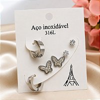 Kit Brincos Aço 316 Borboleta 3 Peças