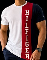 Camiseta Masculina Tommy Hilfiger Branca com Faixa Vertical Tricolor