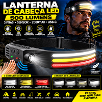 Lanterna de Cabeça LED 500 Lúmens 3 Fitas com Sensor