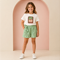 Conjunto Infantil Menina Sardinha Retrô com Camiseta e Short Listrado