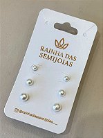 Trio de Brincos Clássico com Pérolas Redondas